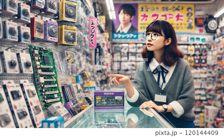 パソコンショップで働く若い女性店員 120144409