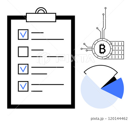 A clipboard with a checklist featuring three checked boxes and one unchecked box is next to a Bitcoin symbol with circuit lines and a pie chart. Ideal for organization, productivity, fintech A clipboard with a checklist featuring three checked boxes and one unchecked box is next to a Bitcoin symbol with circuit lines and a pie chart. Ideal for organization, productivity, fintech 120144462