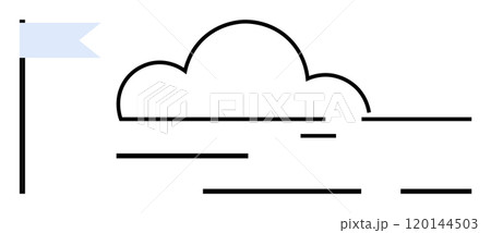 Minimalistic line art features a cloud beside a flag on a flagpole. Simple and clean design highlights a serene clear sky. Ideal for weather themes, web design, graphical presentations, childrens Minimalistic line art features a cloud beside a flag on a flagpole. Simple and clean design highlights a serene clear sky. Ideal for weather themes, web design, graphical presentations, childrens 120144503