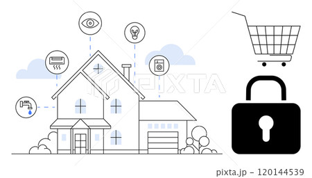 Modern house connected to smart devices icons such as surveillance, lighting, thermostat and washing machine. Lock and shopping cart represent security and e-commerce. Ideal for home automation 120144539