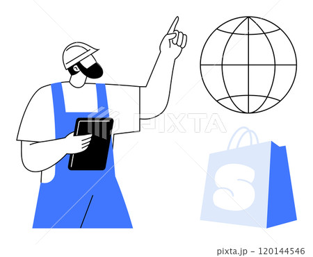 Worker points at globe while holding tablet. Shopping bag in foreground. Ideal for e-commerce, global trade, technology, logistics, online shopping themes. Simple modern style 120144546