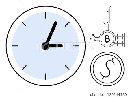 Clock showing approximately 200, Bitcoin symbol with circuitry, and Dollar symbol. Ideal for financial topics, cryptocurrency, trading concepts, investment discussions, and time management. Clean 120144580