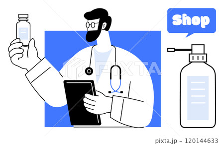 A doctor holding a tablet examines a medicine bottle. Nearby, a bottle with a Shop tag represents online purchasing. Ideal for healthcare, online pharmacies, telemedicine, medical advice A doctor holding a tablet examines a medicine bottle. Nearby, a bottle with a Shop tag represents online purchasing. Ideal for healthcare, online pharmacies, telemedicine, medical advice 120144633