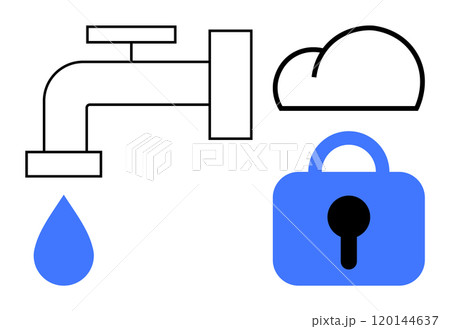 Faucet with a water droplet cloud and padlock represent themes of water management security, and cloud integration Ideal for eco-friendly technology water conservation security solutions digital 120144637