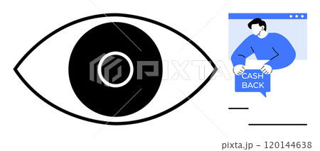 Black and white eye with a central pupil next to a person holding a cash back card. Ideal for finance products, online shopping, security, eye health awareness and marketing promotions. Modern flat Black and white eye with a central pupil next to a person holding a cash back card. Ideal for finance products, online shopping, security, eye health awareness and marketing promotions. Modern flat 120144638