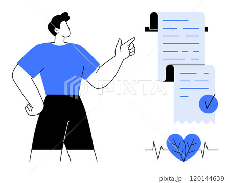 Person pointing at documents with check marks symbolizes organization and completion. Heart with heartbeat line suggests care and health. Ideal for healthcare, task management, productivity 120144639