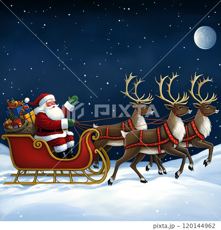 トナカイとソリに乗るサンタクロース トナカイとソリに乗るサンタクロース 120144962