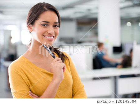 The secret of getting ahead is getting started. Cropped shot of an attractive young businesswoman in the office. 120145304