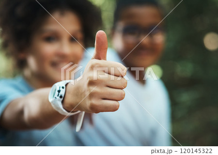 We love this camp and you will too. Shot of two teenage boys showing thumbs up at summer camp. We love this camp and you will too. Shot of two teenage boys showing thumbs up at summer camp. 120145322