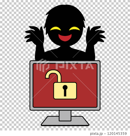 Image of an unlocked computer and a hacker 120145359
