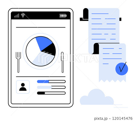 Mobile screen displays a pie chart for diet tracking and a user profile, while paper receipts with a check mark hang nearby. Ideal for diet tracking, budgeting, technology, app development, digital Mobile screen displays a pie chart for diet tracking and a user profile, while paper receipts with a check mark hang nearby. Ideal for diet tracking, budgeting, technology, app development, digital 120145476