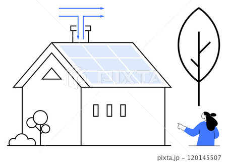 Simple house with solar panels on roof. Nearby a person points to a large leaf icon and tree. Ideal for sustainability, renewable energy, eco-friendly living, green technology, environmental 120145507