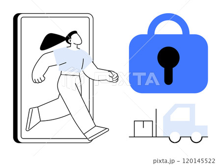 A cartoon-style person exits a smartphone. To their right is a blue padlock and a light blue truck carrying boxes. Ideal for topics in digital security, logistics, online privacy, mobile technology A cartoon-style person exits a smartphone. To their right is a blue padlock and a light blue truck carrying boxes. Ideal for topics in digital security, logistics, online privacy, mobile technology 120145522