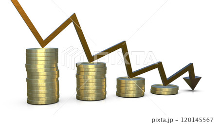 Golden coin stacks and arrow down 120145567