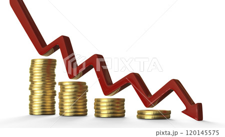 Golden coin stacks and arrow down Golden coin stacks and arrow down 120145575