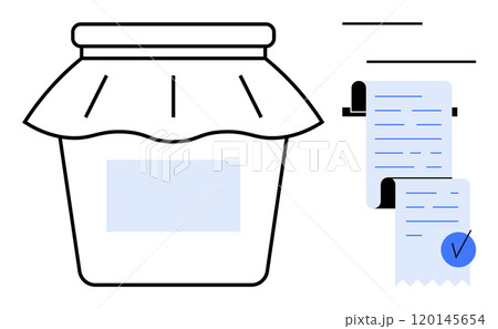 Clear mason jar with cloth cover alongside a checklist on rolled paper. Ideal for kitchen organization, canning, recipe management, to-do lists, and grocery planning. Minimal and clean design Clear mason jar with cloth cover alongside a checklist on rolled paper. Ideal for kitchen organization, canning, recipe management, to-do lists, and grocery planning. Minimal and clean design 120145654