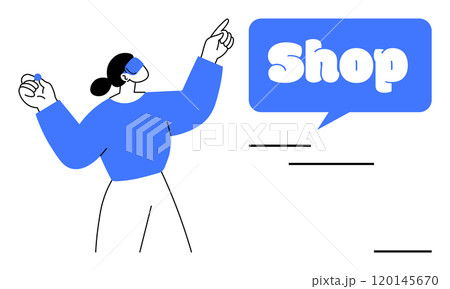 A woman with hair in a bun wearing a blue top and pointing towards a blue speech bubble with the word Shop. Ideal for retail, ecommerce, marketing, sales, and shopping themes. Simple, modern, minimal 120145670