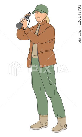 women birdwatching with spotting scope  in outdoor clothes 120145793
