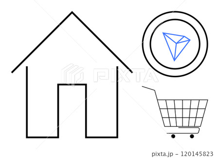 Simplistic house outline with a Tron coin above a shopping cart. Ideal for e-commerce, cryptocurrency, shopping, housing, minimalist designs. Clean black and white lines with a touch of color Simplistic house outline with a Tron coin above a shopping cart. Ideal for e-commerce, cryptocurrency, shopping, housing, minimalist designs. Clean black and white lines with a touch of color 120145823