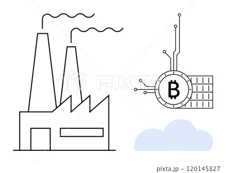 Factory with smoke stacks is juxtaposed with Bitcoin symbol and digital circuit lines. Ideal for cryptocurrency mining technology fintech industry industrial revolution environmental impact digital 120145827