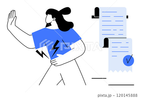 Minimalist drawing of woman rejecting document, holding hand up with lightning symbol on blue shirt. Ideal for contract refusal, disagreement, warning, rejection, caution, vector Minimalist drawing of woman rejecting document, holding hand up with lightning symbol on blue shirt. Ideal for contract refusal, disagreement, warning, rejection, caution, vector 120145888