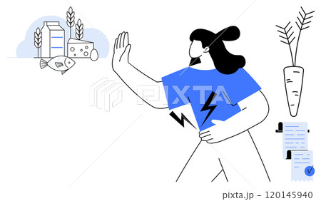 A person with their hand up, rejecting fish, milk, and cheese. Carrot and checklist in the background relate to health and wellness. Ideal for health, nutrition, allergies, diet, wellness A person with their hand up, rejecting fish, milk, and cheese. Carrot and checklist in the background relate to health and wellness. Ideal for health, nutrition, allergies, diet, wellness 120145940