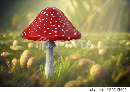 Fly agaric mushroom with red cap and white dots, Amanita mushroom, illustration 120145965