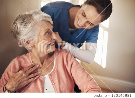 Whenever you need me Ill be right with you. Shot of a senior woman in a wheelchair being cared for a nurse. Whenever you need me Ill be right with you. Shot of a senior woman in a wheelchair being cared for a nurse. 120145981