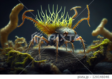 Cordyceps parasitic fungus growing on an ant, 3D illustration 120146046