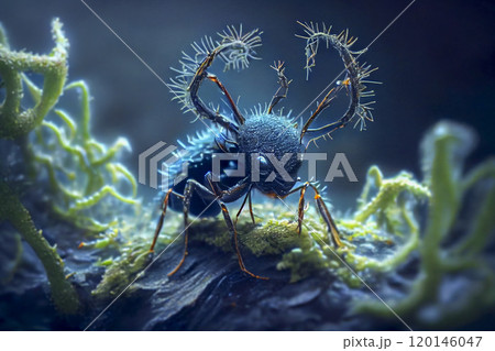 Cordyceps parasitic fungus growing on an ant, 3D illustration Cordyceps parasitic fungus growing on an ant, 3D illustration 120146047