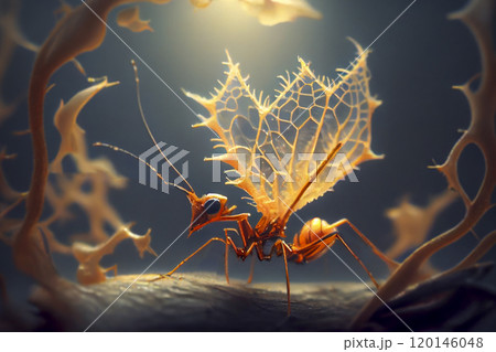Cordyceps parasitic fungus growing on an ant, 3D illustration Cordyceps parasitic fungus growing on an ant, 3D illustration 120146048