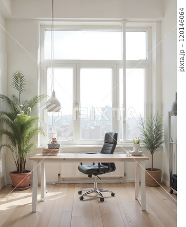 Modern home office with minimalist decor and natural lighting for productivity Modern home office with minimalist decor and natural lighting for productivity 120146064