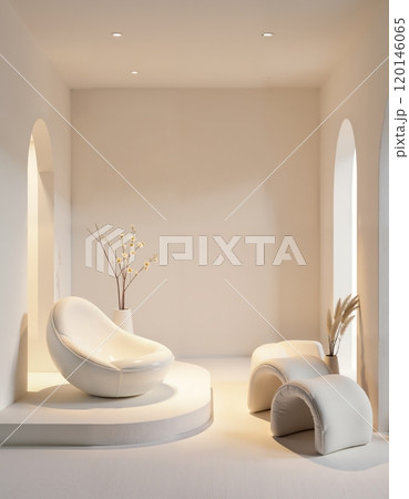 Modern minimalist interior with elegant white furniture and archways for stylish living space design 120146065
