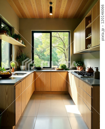 Modern minimalist kitchen design with large windows and wooden cabinets 120146066