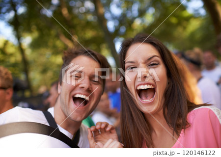 Skanderborg. Two friends screaming at the camera, having fun. 120146122
