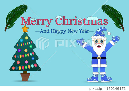 Christmas Greeting with Blue Santa and Tree 120146171