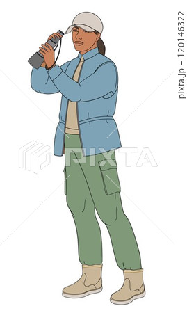 African American women birdwatching with spotting scope  in outdoor clothes 120146322
