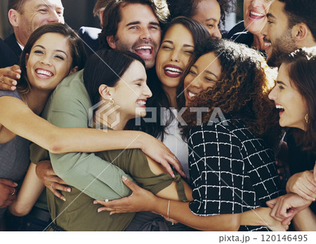More than colleagues. Cropped shot of a group of happy businesspeople standing in their workplace lobby. 120146495
