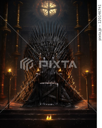 Majestic iron throne in fantasy medieval castle with dramatic lighting 120146741