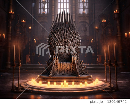 Majestic iron throne in candlelit medieval hall with glowing candlelight ambiance 120146742