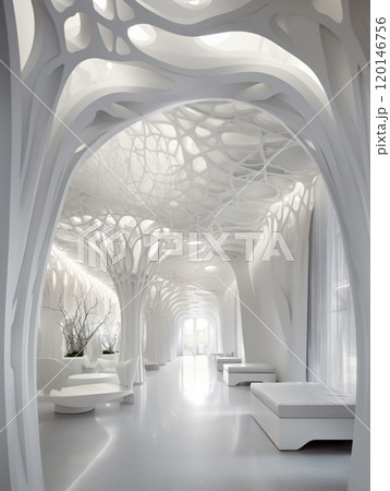 Futuristic organic architecture: white sculptural interior with fluid forms and natural light 120146756