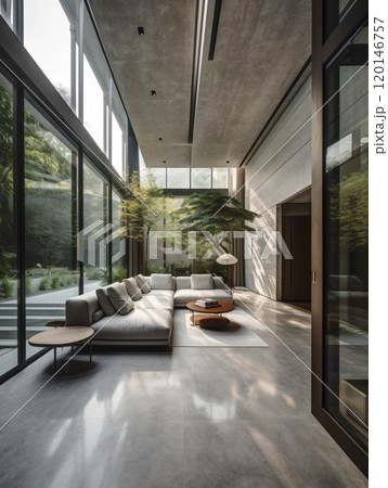 Modern minimalist living room with floor-to-ceiling windows and indoor plants 120146757