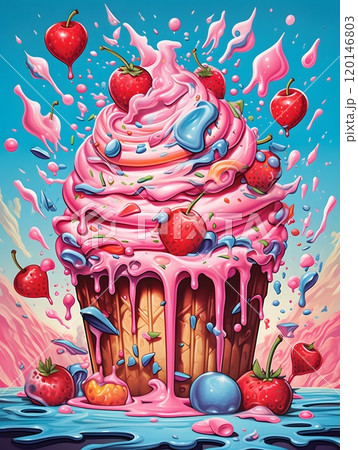 Whimsical strawberry cupcake explosion with...のイラスト素材 [120146803] - PIXTA