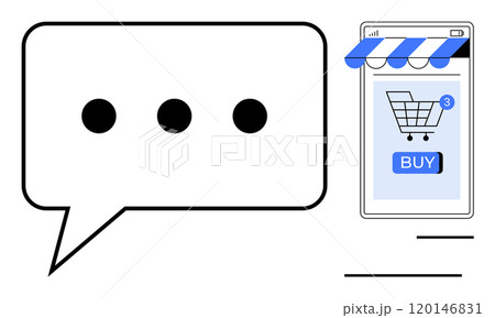 Chat bubble with ellipsis indicates messaging mobile screen with shopping cart and buy button. Ideal for communication, e-commerce, online shopping, customer support, digital marketing. Simple flat 120146831