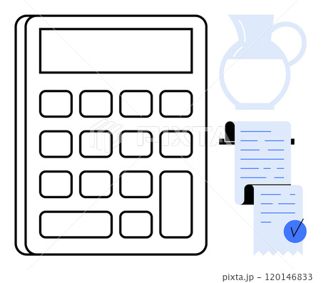 Large calculator with blank display and buttons. Rolling receipt with checkmark. Light blue water jug. Ideal for finance, accounting, budgeting, bookkeeping, and calculations. Simple modern style 120146833