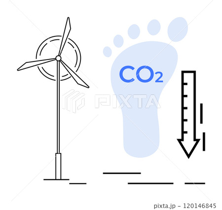 Wind turbine and footprint with CO2 text and downward arrow symbolizing carbon reduction. Ideal for environmental awareness, renewable energy, carbon footprint, climate change, sustainability. Simple Wind turbine and footprint with CO2 text and downward arrow symbolizing carbon reduction. Ideal for environmental awareness, renewable energy, carbon footprint, climate change, sustainability. Simple 120146845