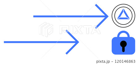 Two blue arrows point towards a triangular symbol and a blue lock icon. Ideal for security systems, data protection, network security, encryption concepts, cyber safety. Simple, minimalist, modern Two blue arrows point towards a triangular symbol and a blue lock icon. Ideal for security systems, data protection, network security, encryption concepts, cyber safety. Simple, minimalist, modern 120146863
