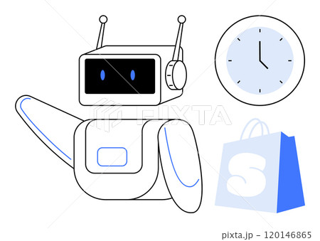A cheerful robot with one arm extended next to a clock and a shopping bag. Ideal for e-commerce, time management, technology services, automation, and customer service. Modern, clean lines A cheerful robot with one arm extended next to a clock and a shopping bag. Ideal for e-commerce, time management, technology services, automation, and customer service. Modern, clean lines 120146865