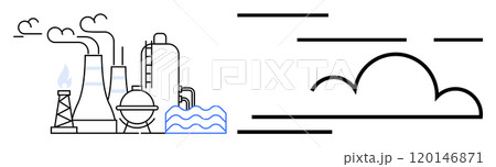 Industrial facility with smoke stacks emitting clouds, blue waves at the base, and simple black cloud outlines. Ideal for pollution, environmental awareness, industry, climate change, sustainability 120146871