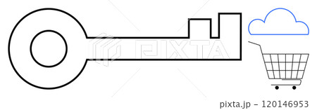 Simplistic line art of a key beside a cloud above a shopping cart Ideal for themes, of online security e-commerce cloud storage digital keys and secure transactions Minimalist modern style Simplistic line art of a key beside a cloud above a shopping cart Ideal for themes, of online security e-commerce cloud storage digital keys and secure transactions Minimalist modern style 120146953